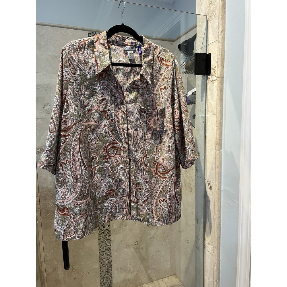 Catherines Petite Floral Paisley Button Front Top Green Pink 1XWP 1/2 Sleeve